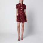 Self-Portrait Lace mini dress with floral buttons in burgundy