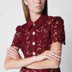Self-Portrait Lace mini dress with floral buttons in burgundy