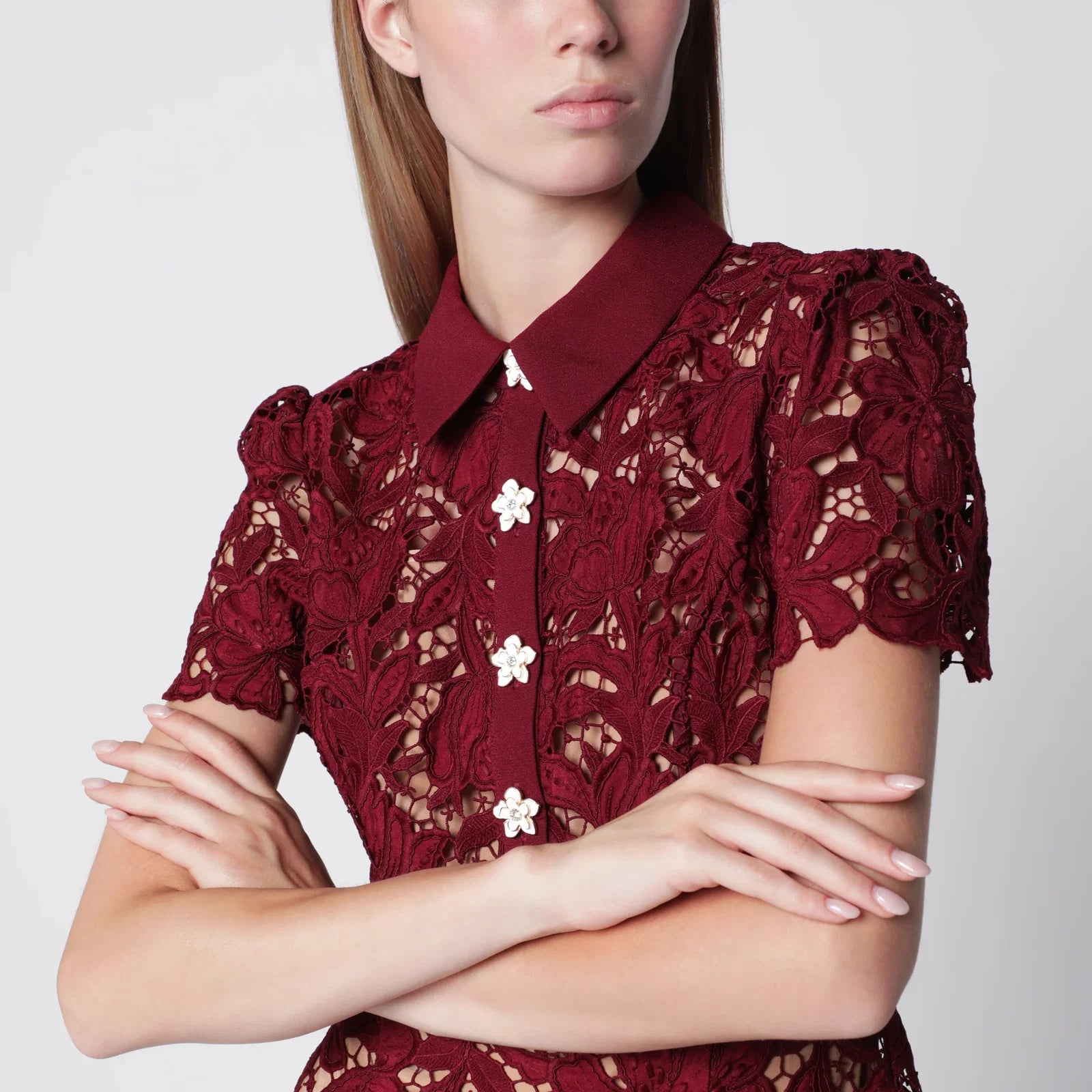 Self-Portrait Lace mini dress with floral buttons in burgundy