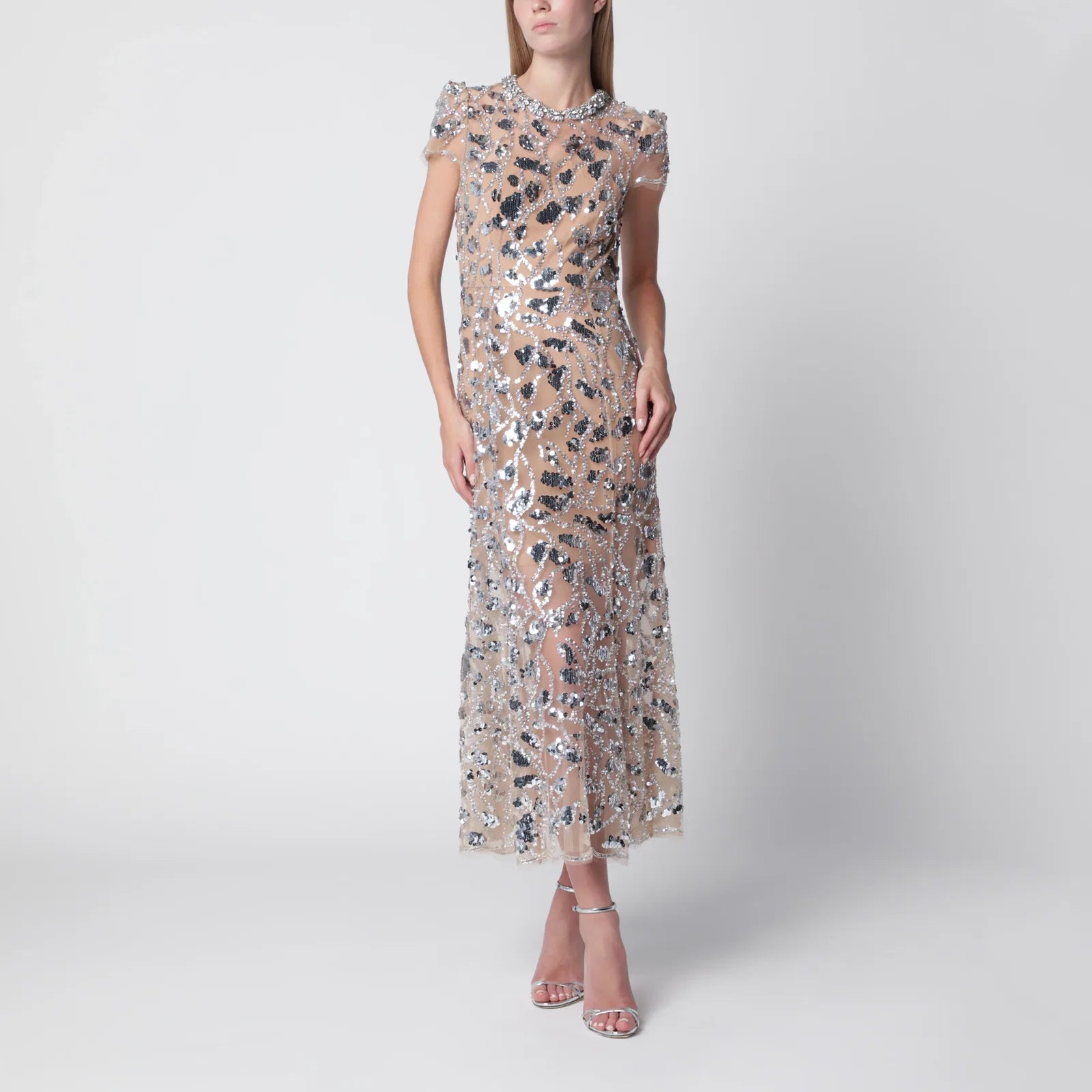 Self-Portrait Sequin-embellished midi dress in polyester, silver