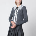 Self-Portrait Knitted wool cardigan with lace collar in grey