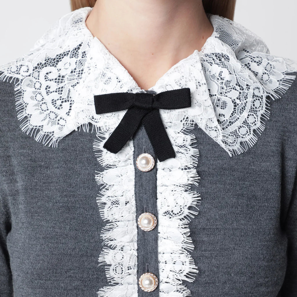 Self-Portrait Knitted wool cardigan with lace collar in grey