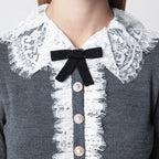 Self-Portrait Knitted wool cardigan with lace collar in grey