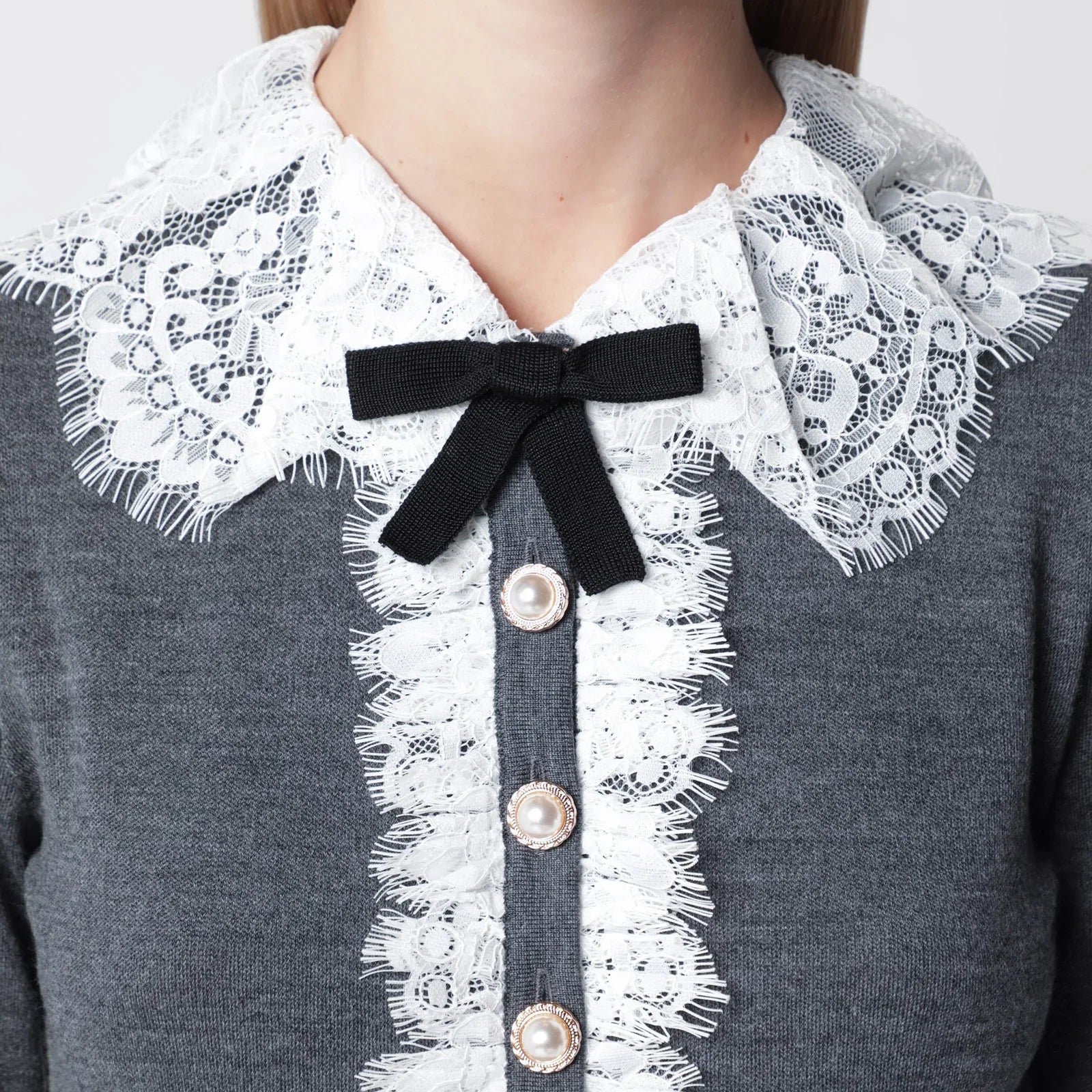 Self-Portrait Knitted wool cardigan with lace collar in grey