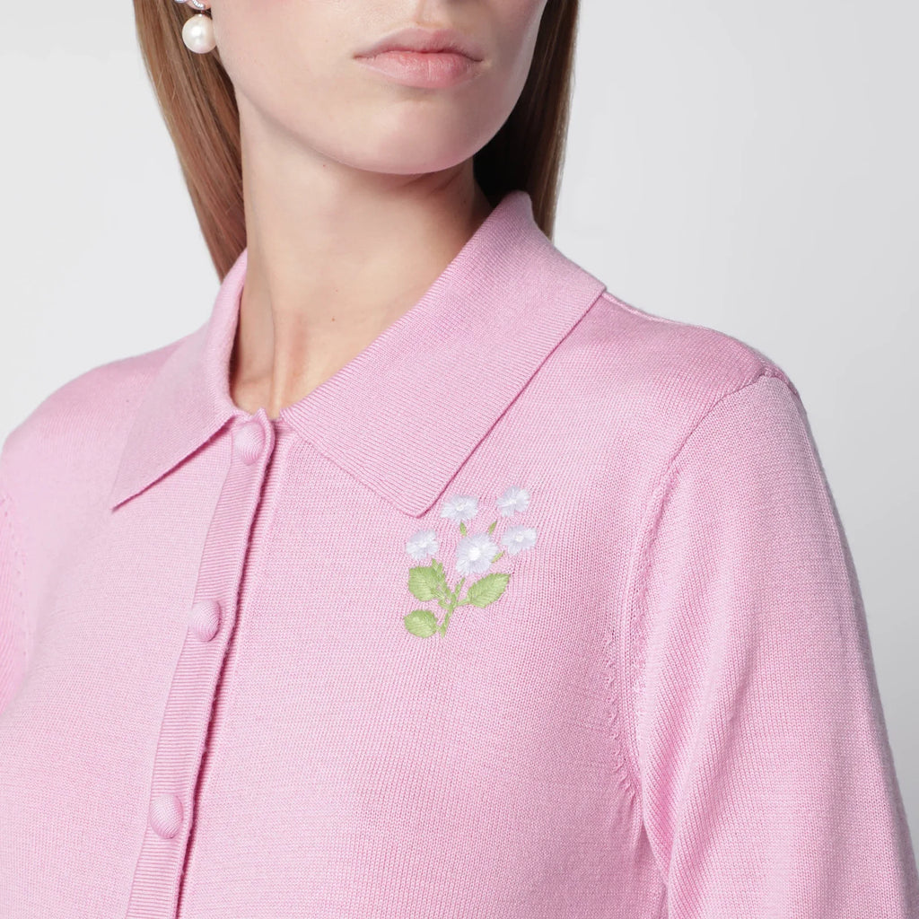 Self-Portrait Wool knit cardigan with floral embroidery in pink