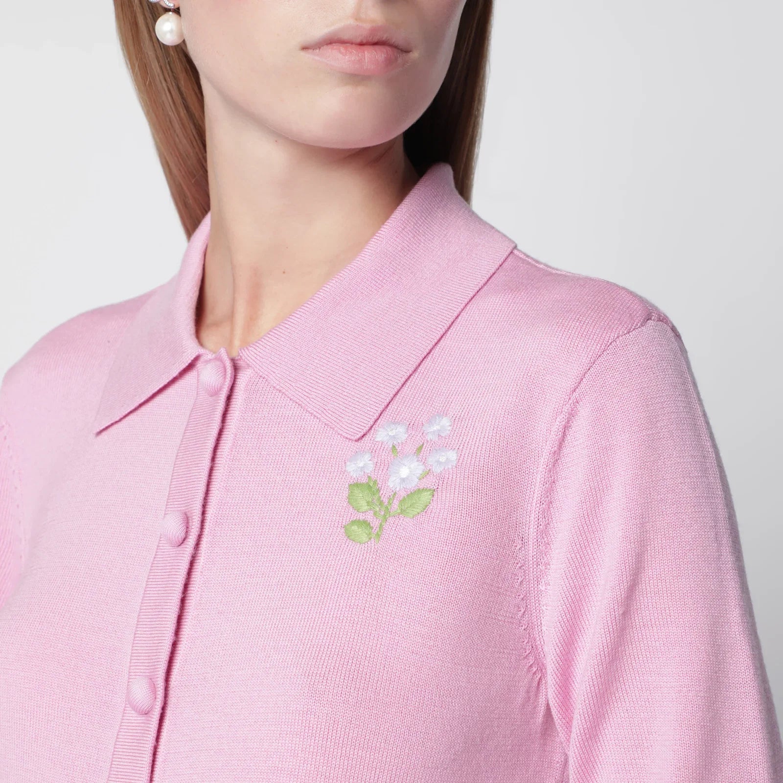 Self-Portrait Wool knit cardigan with floral embroidery in pink