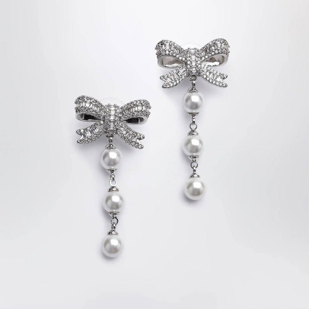 Self-Portrait Crystal bow and pearl drop earrings in silver