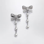 Self-Portrait Crystal bow and pearl drop earrings in silver
