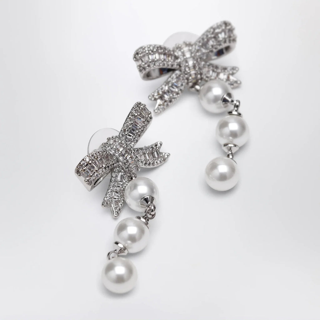 Self-Portrait Crystal bow and pearl drop earrings in silver