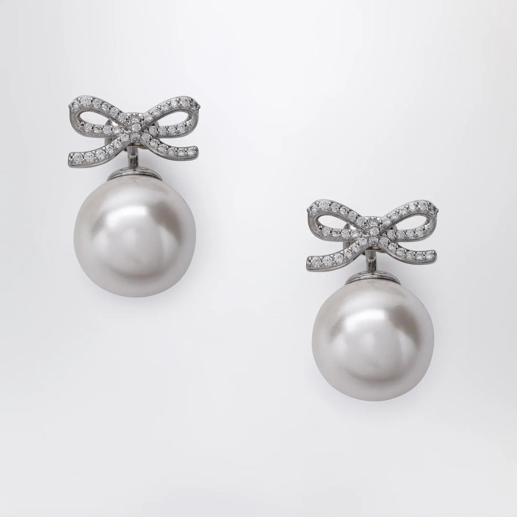 Self-Portrait Crystal bow and back pearl earrings in silver