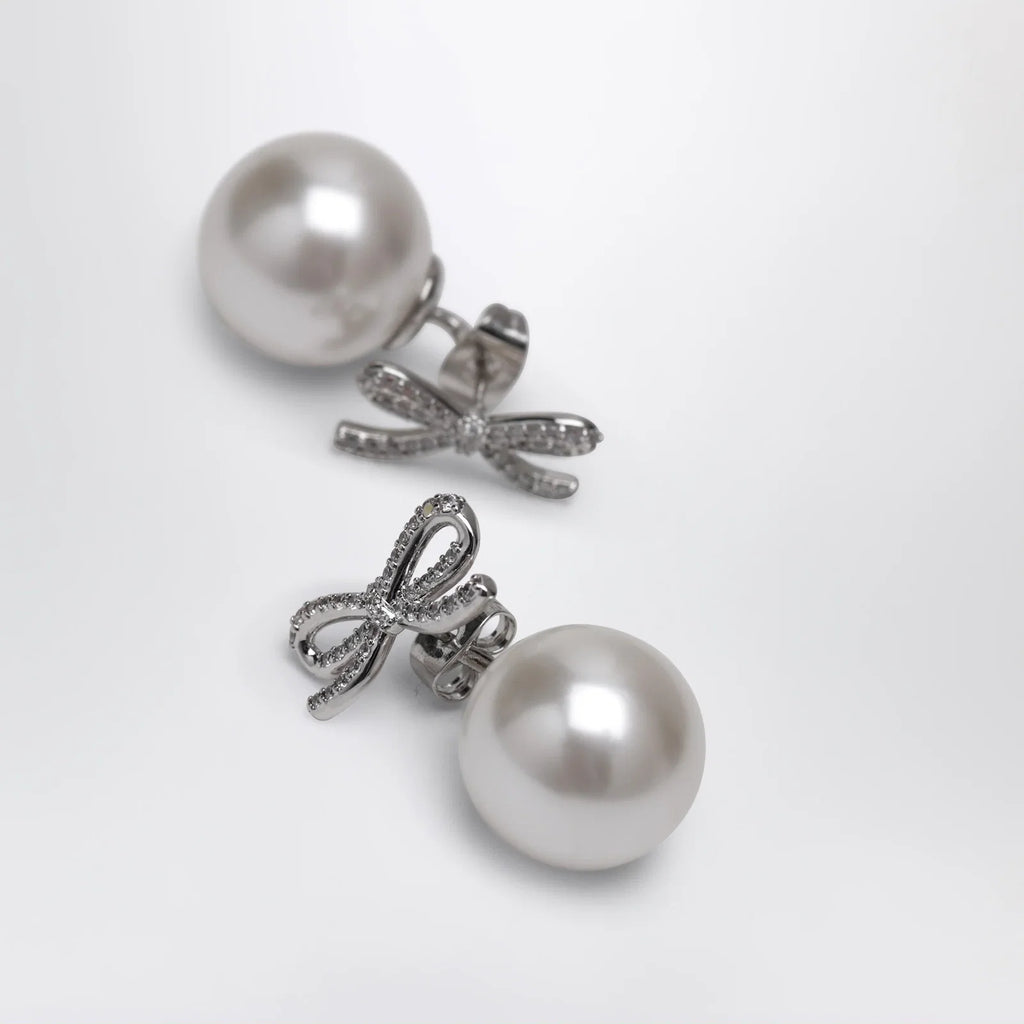 Self-Portrait Crystal bow and back pearl earrings in silver