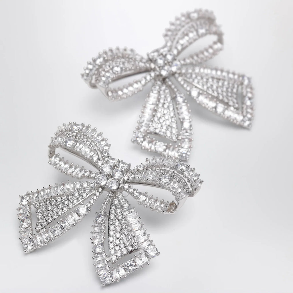 Self-Portrait Crystal bow earrings in silver-plated brass