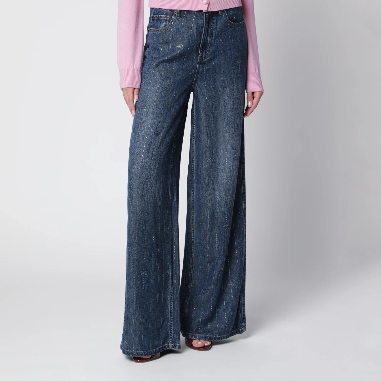 Self-Portrait Wide-leg denim jeans with rhinestone stripes in blue
