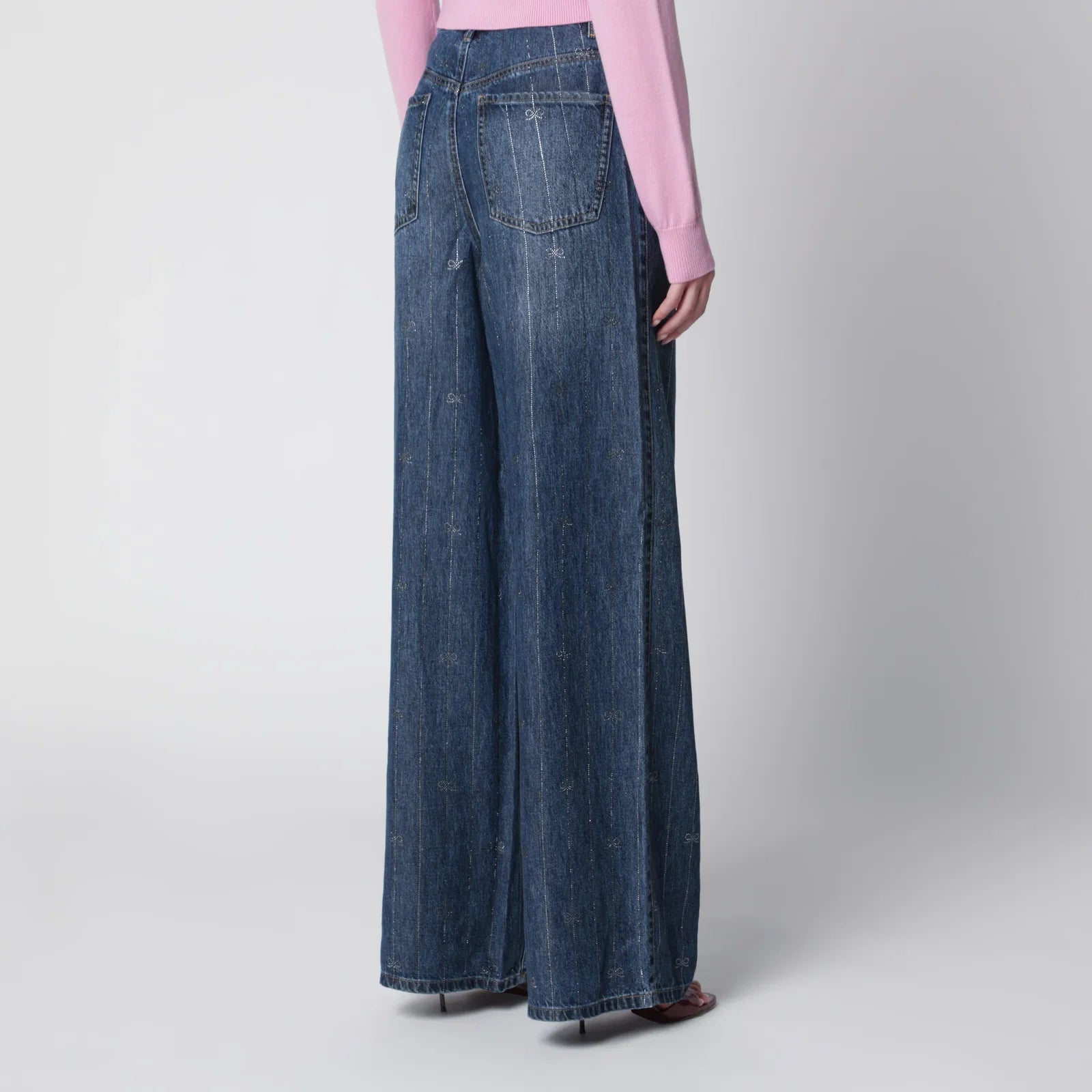 Self-Portrait Wide-leg denim jeans with rhinestone stripes in blue