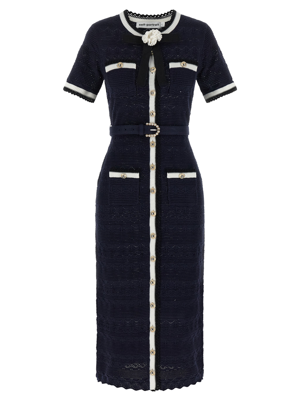 Self-Portrait Navy Pointelle Knit Midi Dress