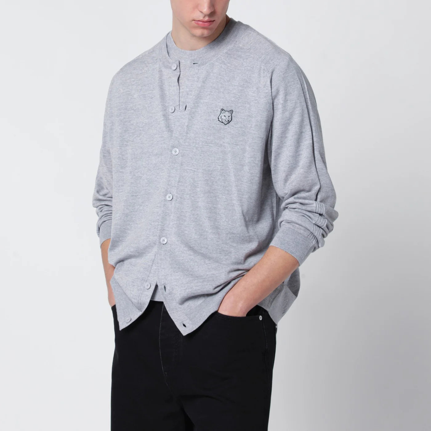 Maison Kitsuné Grey mélange Fox Head wool cardigan