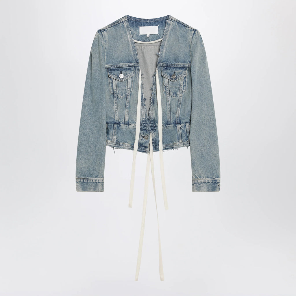 Maison Margiela Light blue cotton denim jacket with V-neck