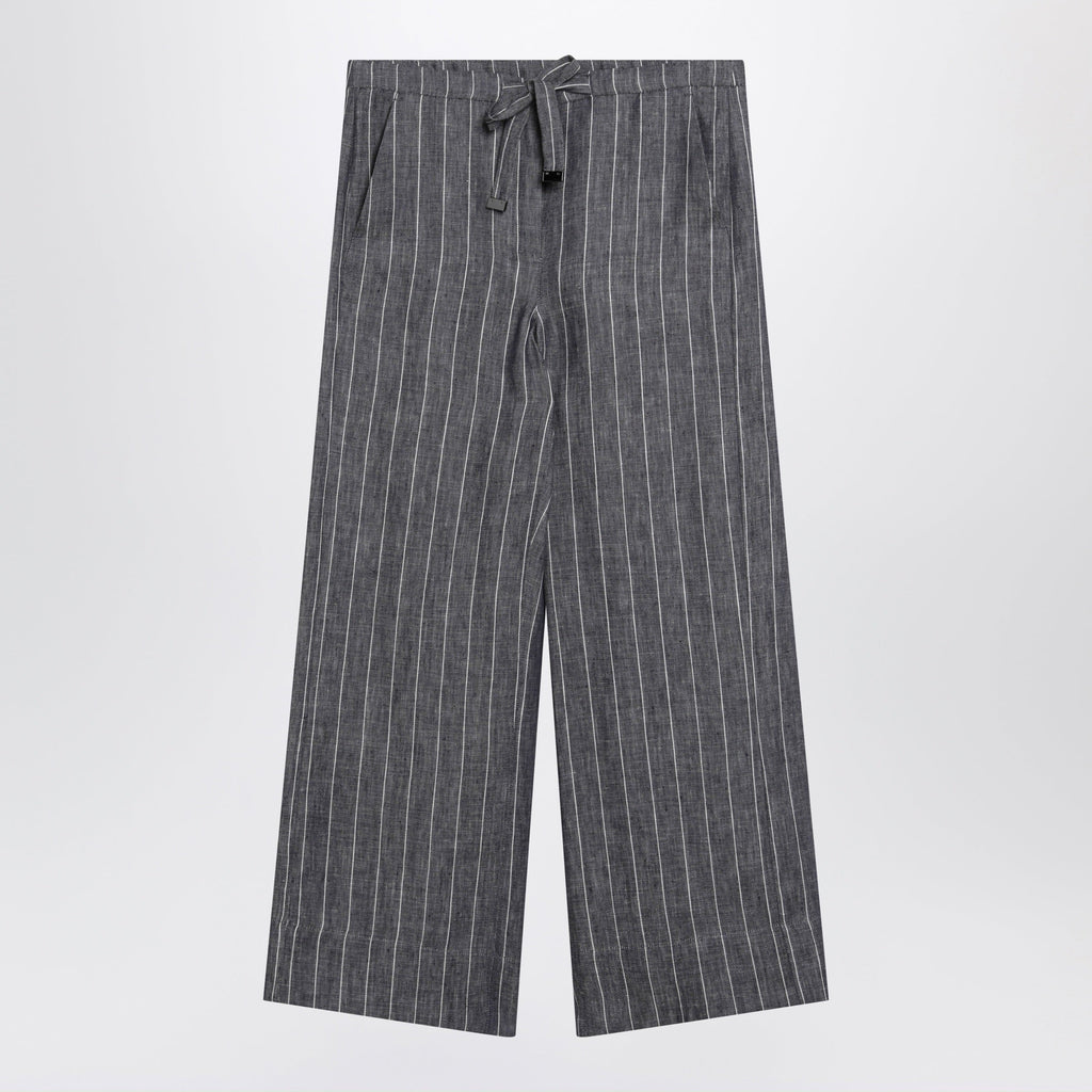 S Max Mara Navy blue denim-effect pinstripe linen trousers