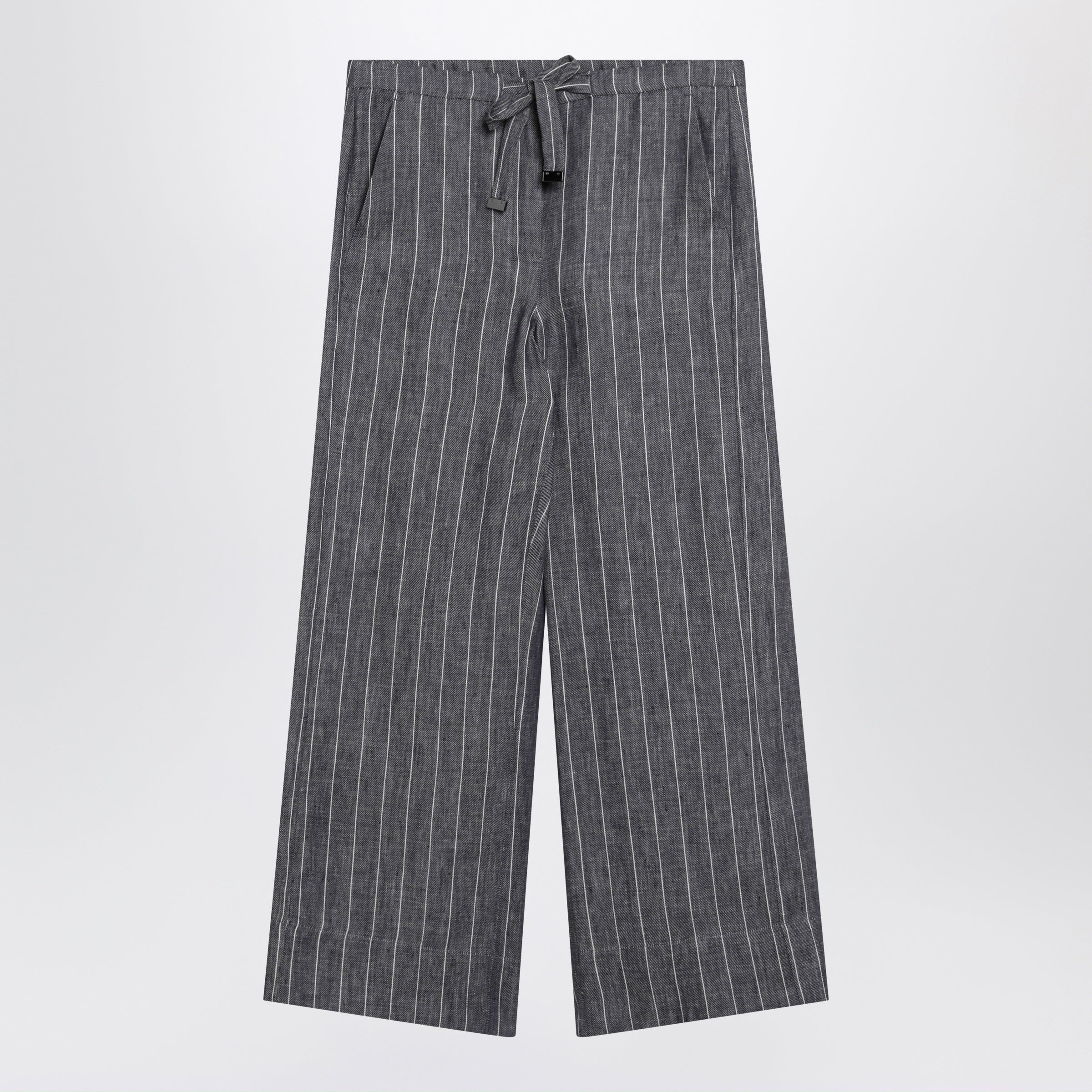 S Max Mara Navy blue denim-effect pinstripe linen trousers