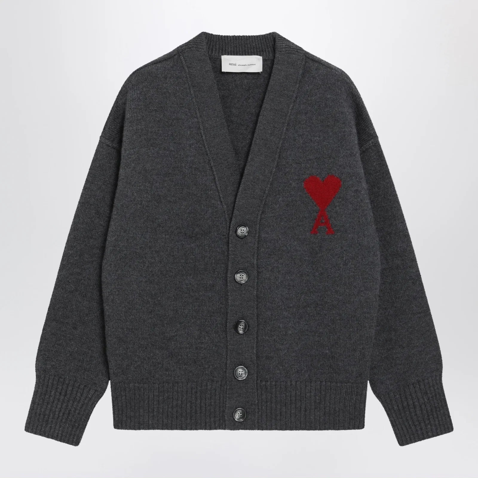 Ami Paris Ami De Coeur cardigan in grey mélange merino wool knit
