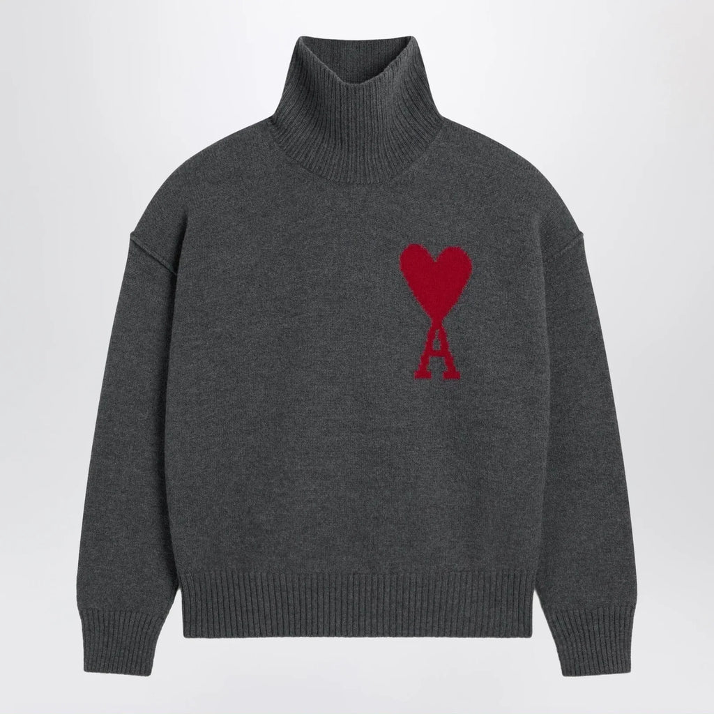 Ami Paris Ami De Coeur sweater in grey mélange merino wool knit